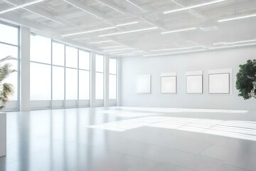 White art gallery interior with mock up posters