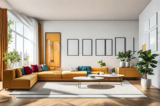 minimal design appartment, a wall with 2 or 3 picture frames, modern living-room, colourful furniture, perpendicular composition