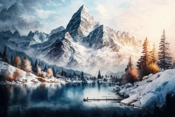 Frosty winter mountains, watercolor style. AI generative.