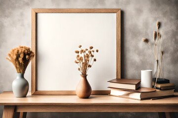 Vertical wooden picture frame, poster mockup in the corner. Wooden table, desk. Modern organic shaped vase