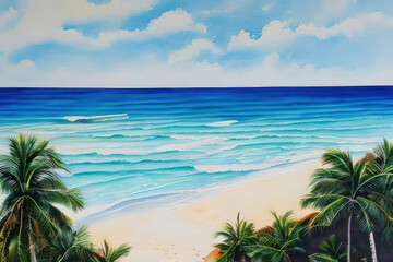 Fototapeta na wymiar Watercolor beach with palm trees. AI generative.