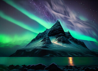 Fototapeta na wymiar magical mountain under starry night sky, fantasy landscape, stunning illustration,