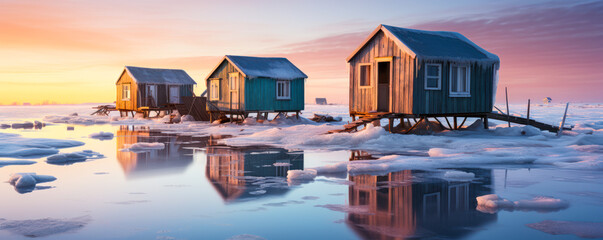 Fototapeta premium Winter Escape: Ice Fishing Shelter on Frozen Lake
