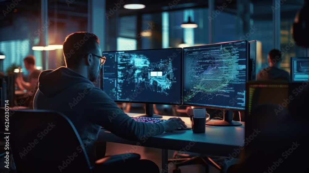 Wall mural a scene showcasing a team of software developers coding, collaborating, and testing applications in 