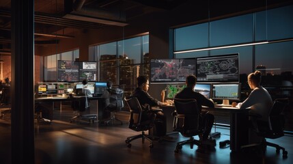 Fototapeta premium A scene showcasing a team of software developers coding, collaborating, and testing applications in a modern development environment 