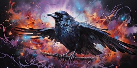 AI Generated. AI Generative. Draw paint watercolor oil sketch ink crow raven on canvas. Abstract geometric shapes background decoration. Graphic Art