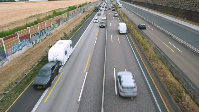 Raunheim, Germany - July 21, 2023: Dense traffic and traffic jam on German highway A3 between Wiesbadener Kreuz and Raunheim 