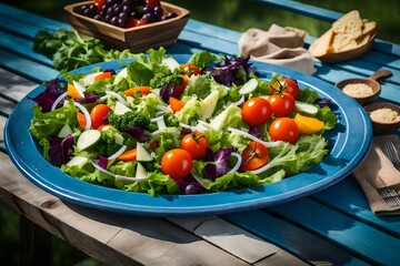 Vegetable salad in a blue plate