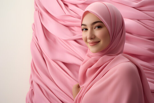 A woman wearing a pink hijab to show support cancer survivor