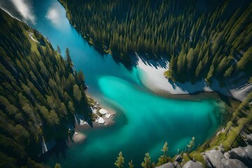 Scenic aerial view of the mountain landscape with a forest and the crystal blue river