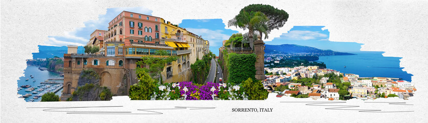 Welcome to Sorrento concept image. Panoramic collage of cliff coastline Sorrento and Gulf of Naples, Italy.