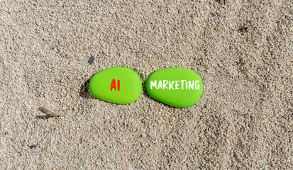 AI marketing symbol. Concept words AI artificial intelligence marketing on beautiful green stone. Beautiful sand beach background. Business AI artificial intelligence marketing concept. Copy space.