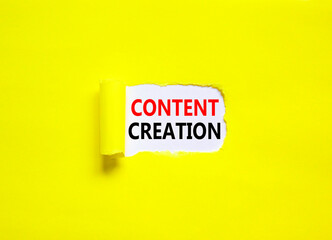 Time for content creation symbol. Concept words Content creation on beautiful white paper. Beautiful yellow background. Business time for content creation concept. Copy space.