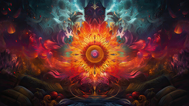 Explosive ancient mandala with a surreal abstract fantasy backdrop, illustration