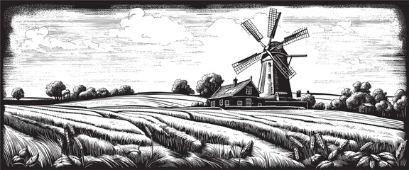 Old windmill and field with haystacks , Hand-drawn sketch of a windmill with a transparent background , vector illustration