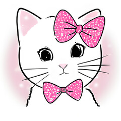 Adorable White Little Cat With Pink Bow