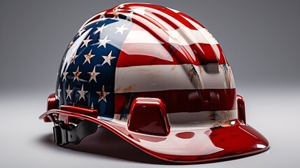 Hard hat with USA Flag on it. American flag on safety helmet. Labor Day concept. - obrazy, fototapety, plakaty