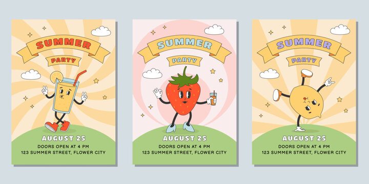 Naklejka Set of summer party poster templates. Cute cartoon lemonade, strawberry and lemon character in y2k groovy style. 