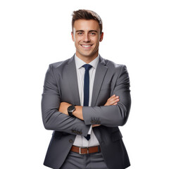 AI Generative, Portrait of handsome smiling young man with folded arms isolated transparent PNG, Joyful cheerful businessman with crossed hands studio shot