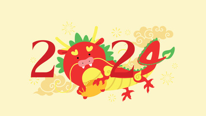 Obraz na płótnie Canvas Year of the dragon 2024 greetings card vector. Flying chinese dragon holding gold sycee ingot, oriental auspicious clouds in background.