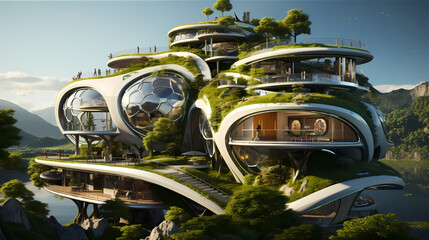 A futuristic house design with landscaped gardens. Green Villa. Sphere concept..
