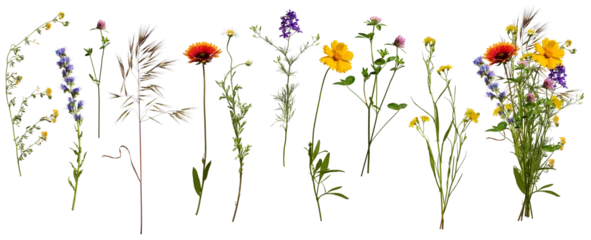 Foto op Plexiglas Wildflowers and herbs with example of a bouquet of these flowers. Botanical collection, summer composition, transparent background. © Yuliia