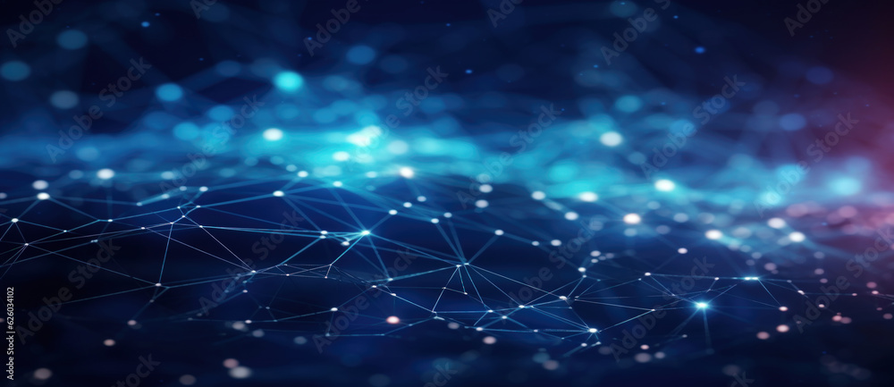 Wall mural banner with blue abstract background with a network grid and particles connected.sci-fi digital tech