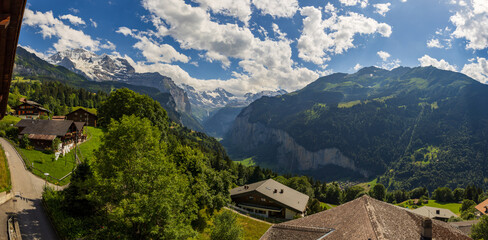 A view of the Swiss Alps and the village of Lauterbrunnen in the Berner Oberland area of...