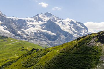 A hiking trail leads past grassy fields with snow covered mountains of the Swiss Alps in the background