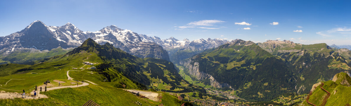 A panorama of the Swiss Alps from the Royal Walk viewpoint in Mannlichen Switzerland
