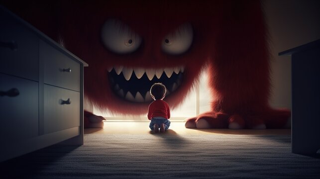 The boy saw a huge scary night monster with sharp teeth. Facing your fear. Children's night terrors, dreams, fear. Fear of darkness concept. Generative AI illustration.