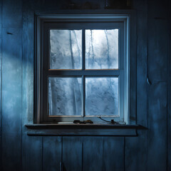 Denim blue tint old wooden window in the wall
