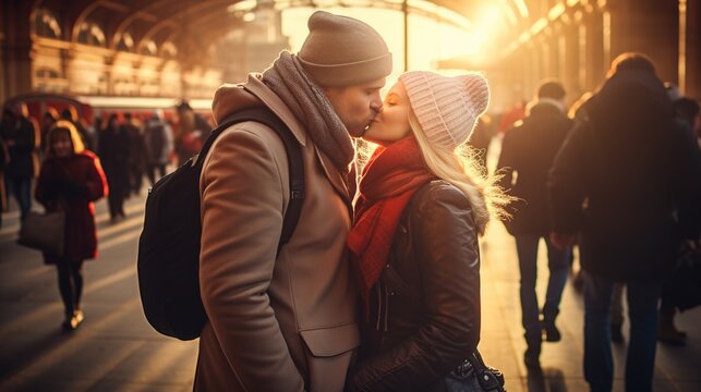 The guy and the girl are happily hugging at the stationafter long separation. Loving couple at train station saying goodbye before travel. Generative AI illustration for card, postcard or ather design