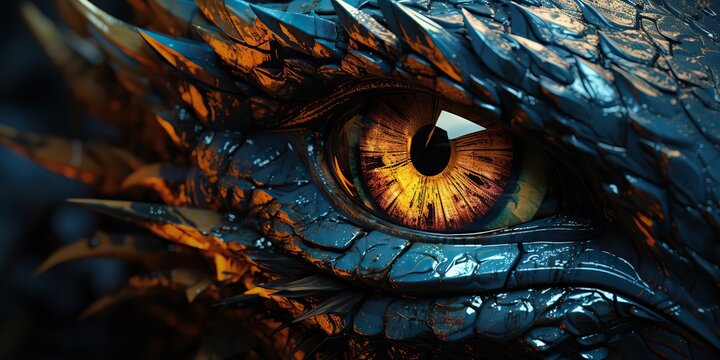 AI Generated. AI Generative. Myth fantasy dragon eye. Macro close up illustration decoration graphic art view lokk watching at you