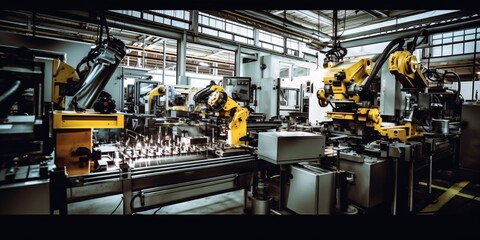 Machinery humming with activity in a busy factory, illustrating the hustle and bustle of production lines. Generative ai.