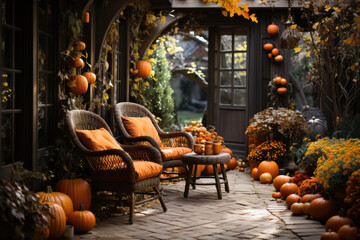 Porch of the backyard decorated with pumpkins and autumn flowers

