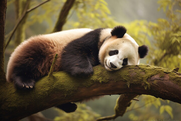 Fototapeta premium Panda Bear Sleeping on a Tree Branch China. generative ai