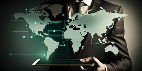 Businessman explore global business opportunities and marketing strategies on a virtual world map.