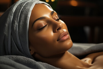 Calm serene young woman in spa bathrobe and towel relaxing after taking treatment with her eyes closed at spa. Beauty treatment concept. Body skin and hair care. Generated ai. - obrazy, fototapety, plakaty