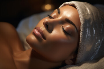Calm serene young woman in spa bathrobe and towel relaxing after taking treatment with her eyes closed at spa. Beauty treatment concept. Body skin and hair care. Generated ai. - obrazy, fototapety, plakaty