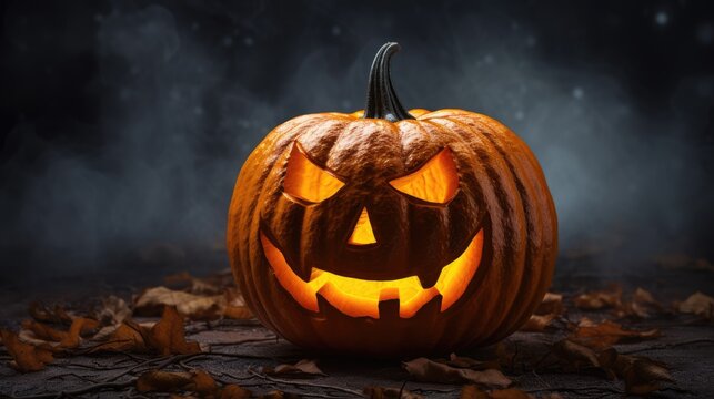 Halloween pumpkin jack-o-lantern on dark wooden background.