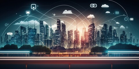 Fototapeta premium Smart city: global internet network community, IoT and telecommunication concept.