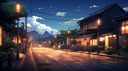 Foto op Plexiglas a beautiful japanese tokyo city town in the evening. houses at the street. anime cartoonish artstyle. cozy lofi asian architecture. 16:9 4k resolution. Generative AI © SayLi