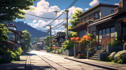 Wall murals Tokyo a beautiful japanese tokyo city town in the evening. houses at the street. anime comics artstyle. cozy lofi asian architecture. 16:9 4k resolution. Generative AI