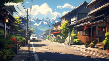 a beautiful japanese tokyo city town in the evening. houses at the street. anime comics artstyle. cozy lofi asian architecture. 16:9 4k resolution. Generative AI