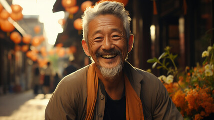 smiling senior mature asian man portrait looking at the camera