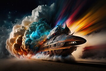 Futuristic spaceship in the sky with smoke