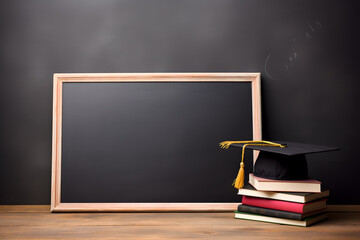 A blank chalkboard with a books and and graduation cap