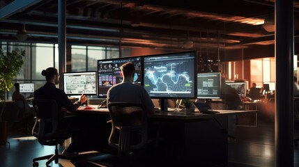 Fototapeta premium A scene showcasing a team of software developers coding, collaborating, and testing applications in a modern development environment