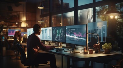 Obraz premium A scene showcasing a team of software developers coding, collaborating, and testing applications in a modern development environment